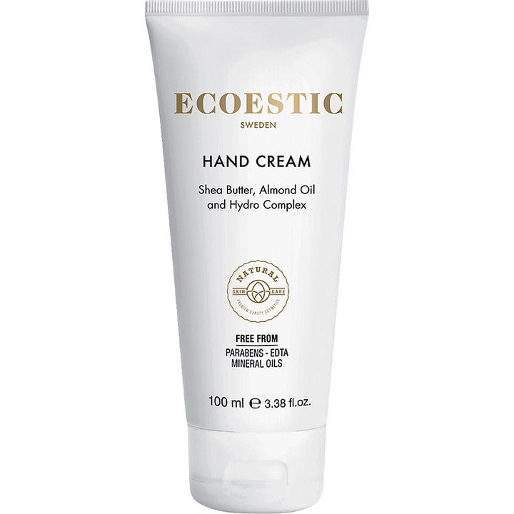 Ecoestic Hand Cream 100 ml pleiende håndkrem med sheasmør i hvit plasttube med detaljer i gull og sort.
