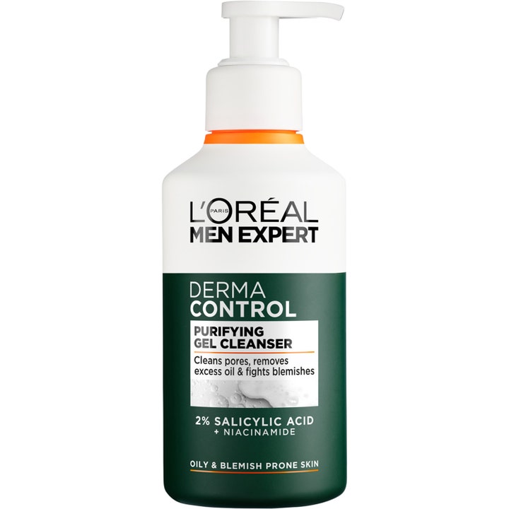 L'Oréal Men Expert Derma Control Purifying Gel Cleanser 150 ml ansiktsrens i hvit og grønn pumpeflaske med salisylsyre