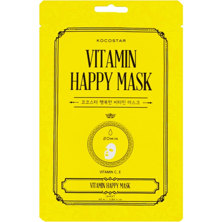 Kocostar Vitamin Happy Mask 25 ml sheetmask med vitamin C og E som gir glød i en gul forpakning med svart ramme