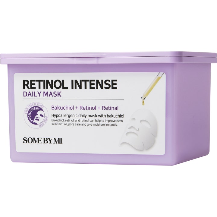 Some By Mi Retinol Intense Daily Mask hudforbedrende ansiktsmaske med retinol i lilla boks med hvit etikett