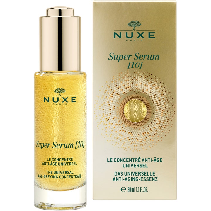 Nuxe Super Serum 10 30 ml anti-age ansiktsserum i glassflaske med gylne perler og gullfarget eske