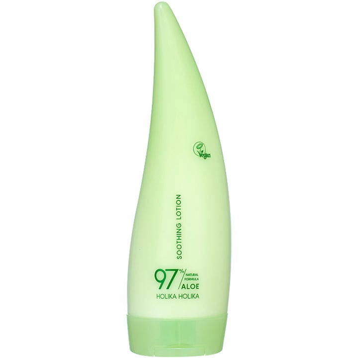 Holika Holika Aloe Natural Formula 97% Soothing Lotion 240 ml vegansk body lotion i lysegrønn bladformet flaske