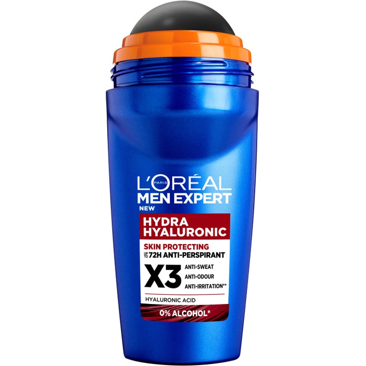 L'Oréal Men Expert Hydra Hyaluronic roll-on deodorant som gir 72t beskyttelse i blå beholder med stor sort kule.