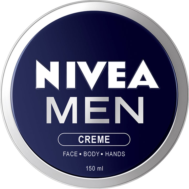 Nivea Men Creme 150 ml fuktighetskrem for ansikt og kropp i rund blå metallboks med sølvdetaljer.