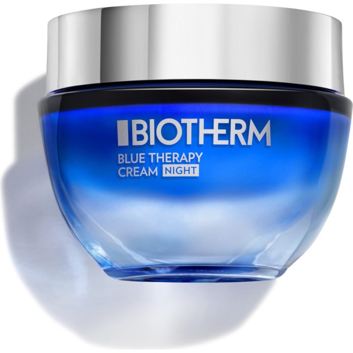 Biotherm Blue Therapy Cream Night 50 ml nattkrem som reduserer aldringstegn i en mørkeblå glasskrukke med sølvlokk