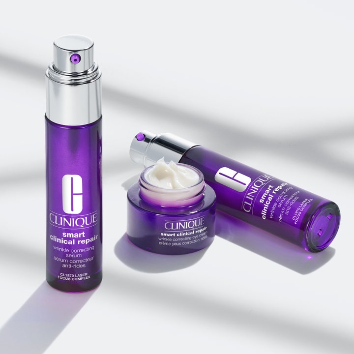Clinique Smart Clinical Repair Serum 50 ml rynkekorrigerende hudpleie i lilla flasker og krukke med hvit krem