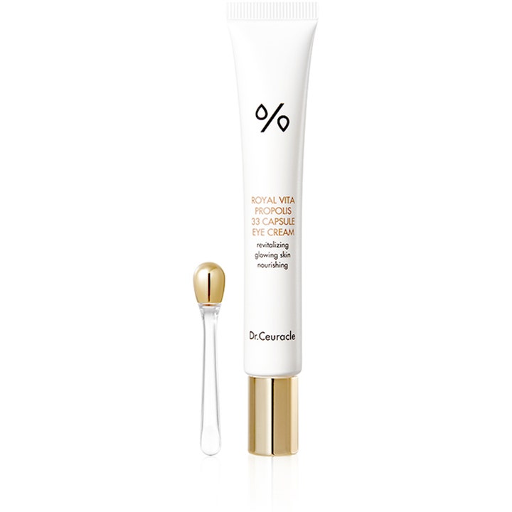 Dr. Ceuracle Royal Vita Propolis 33 Capsule Eye Cream nærende øyekrem i hvit tube med gullkork og massasjeapplikator.