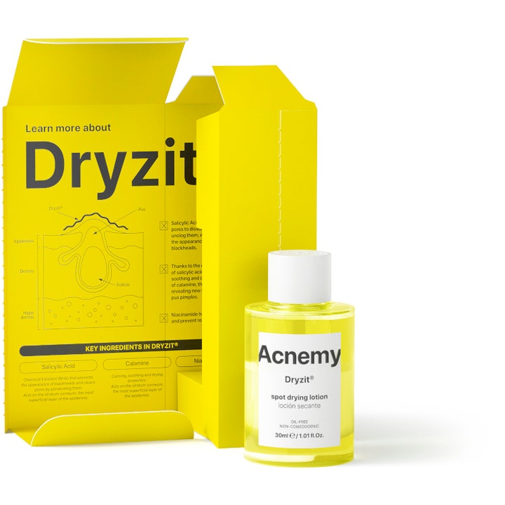 Niche Beauty Lab Acnemy Dryzit 30 ml kvisebehandling i glassflaske med gul eske som viser ingredienser