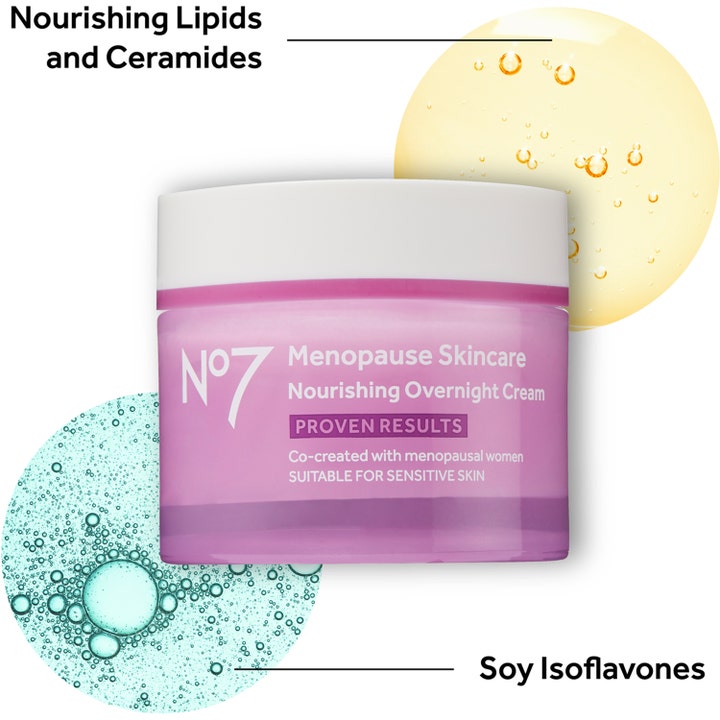 No7 Menopause Skincare Nourishing Overnight Cream 50 ml nattkrem med lipider og ceramider i lilla krukke