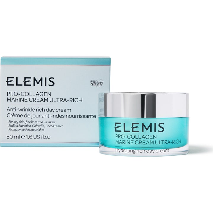 Elemis Pro-Collagen Marine Cream Ultra Rich 50 ml anti-rynke dagkrem i lyseblå krukke med sølvfarget lokk og eske
