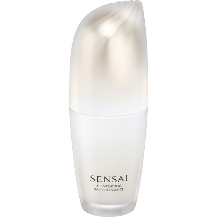 Sensai Comforting Barrier Essence beroligende ansiktsserum i frostet glassflaske med et asymmetrisk gullfarget lokk