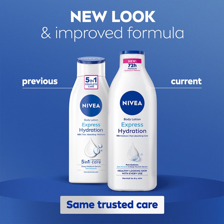 NIVEA Express Hydration Body Lotion 400 ml kroppslotion i hvit flaske som gir 72 timers fukt og viser nytt design.