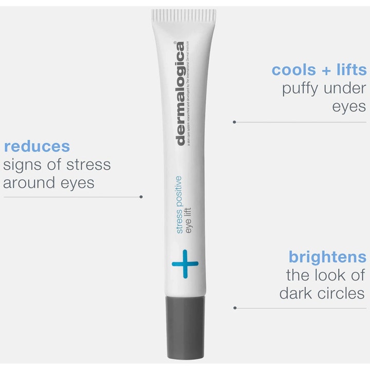 Dermalogica Stress Positive Eye Lift 25 ml øyekrem i hvit tube som kjøler og lysner mørke ringer.