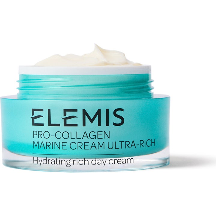 Elemis Pro-Collagen Marine Cream Ultra-Rich fuktighetsgivende dagkrem i lyseblå krukke med hvit fyldig tekstur.