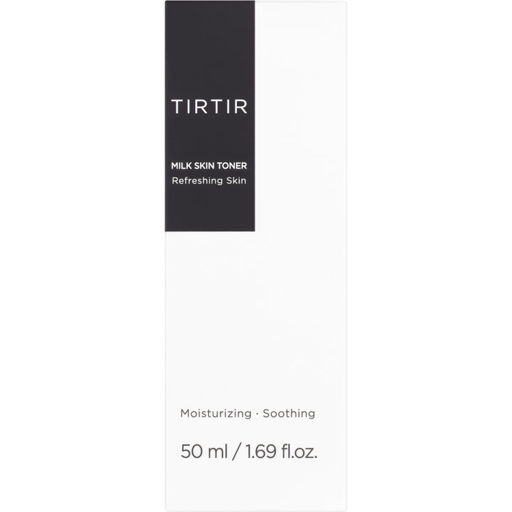 TIRTIR Milk Skin Toner 50 ml fuktighetsgivende ansiktstoner i hvit og svart eske som virker beroligende.
