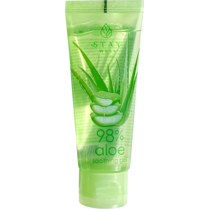 Stay Well 98% Aloe Soothing Gel beroligende fuktighetsgel i gjennomsiktig grønn tube med aloe vera-blader og grønt lokk