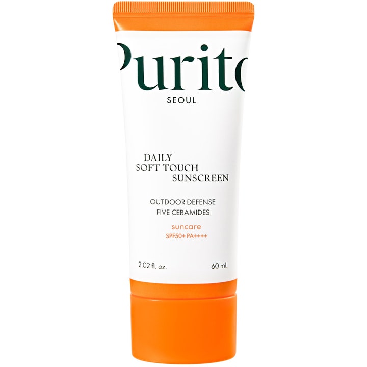 Purito Seoul Daily Soft Touch Sunscreen 60 ml solkrem med ceramider i hvit tube med oransje kork