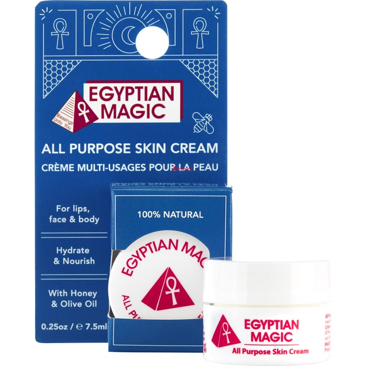 Egyptian Magic All Purpose Skin Cream 7,5 ml fuktighetsgivende multikrem i hvit krukke med rød logo og blå eske