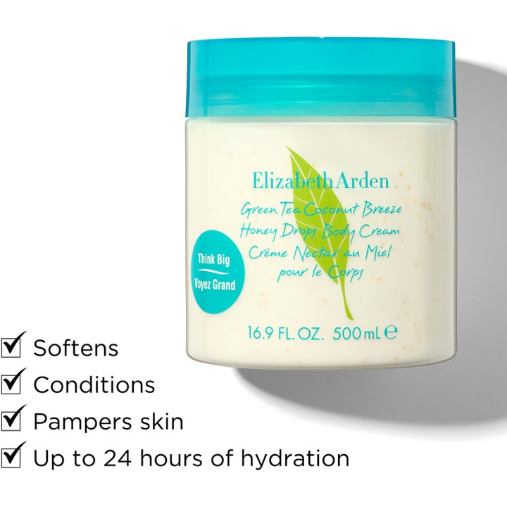 Elizabeth Arden Green Tea Coconut Breeze 500 ml mykgjørende body cream i hvit krukke med blått lokk og grønt blad