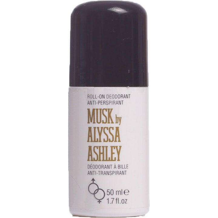 Alyssa Ashley Musk 50 ml roll-on deodorant mot svette i hvit beholder med mørkt lilla lokk