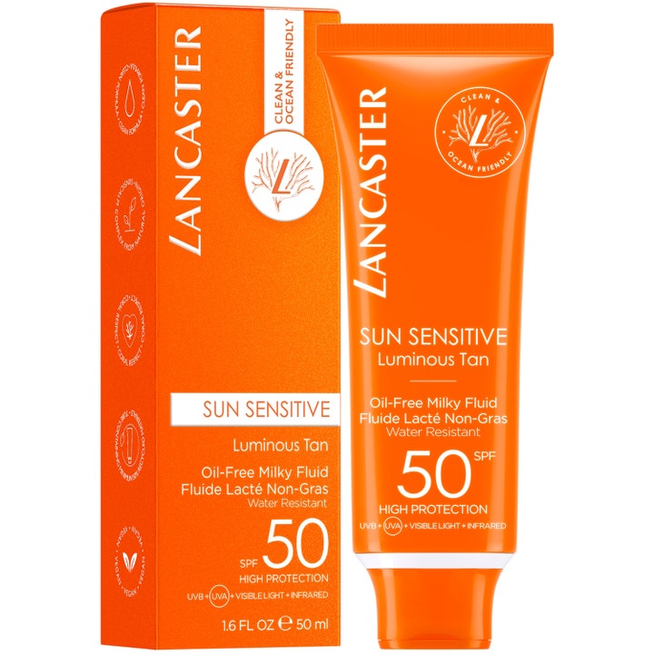 Lancaster Sun Sensitive Oil Free Milky Fluid 50 ml vegansk solkrem med SPF50 i oransje tube og eske.