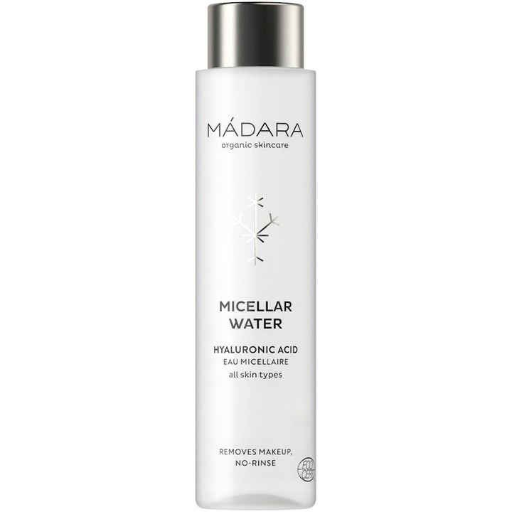 Mádara Micellar Water 100 ml fuktighetsgivende ansiktsrens med hyaluronsyre i hvit frostet flaske med sølvkork