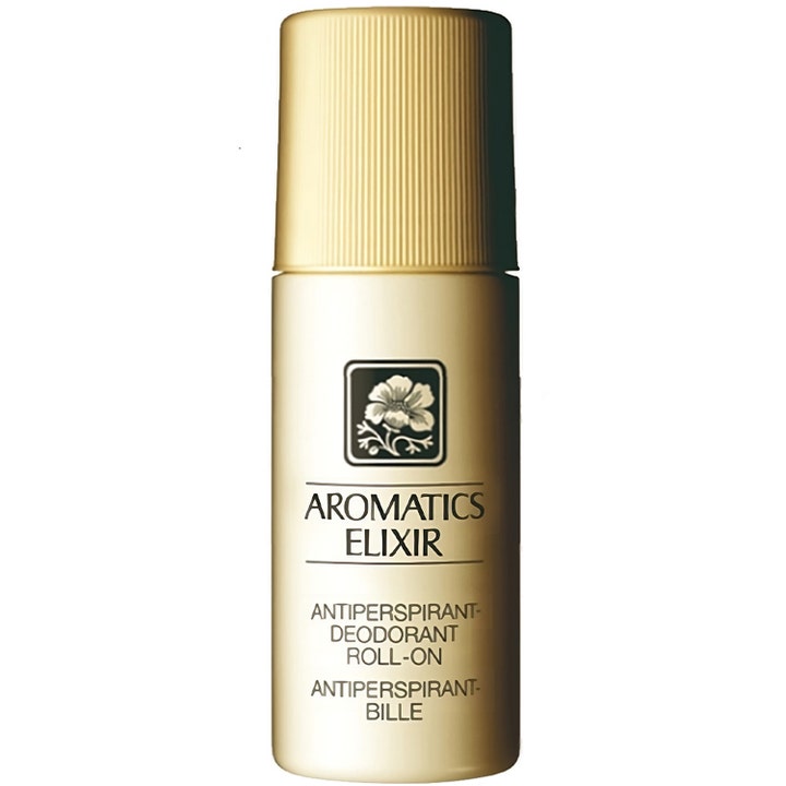 Clinique Aromatics Elixir Antiperspirant-Deodorant Roll-On gir langvarig beskyttelse i beige flaske med gullfarget rillet kork.