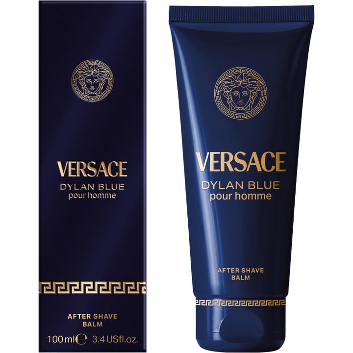 Versace Pour Homme Dylan Blue 100 ml beroligende after shave balm i mørkeblå tube og eske med gulldetaljer