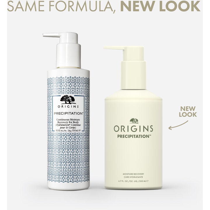 Origins Precipitation 200 ml fuktighetsgivende body lotion i ny flaske ved siden av gammelt design