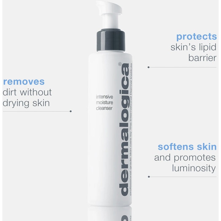 Dermalogica Intensive Moisture Cleanser 295 ml fuktighetsgivende ansiktsrengjøring i hvit pumpeflaske med infotekst
