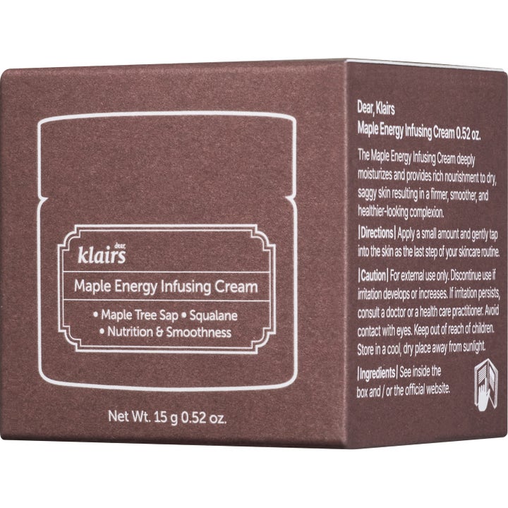 Klairs Maple Energy Infusing Cream 15 g nærende ansiktskrem med squalane i brun eske med hvit krukkeillustrasjon