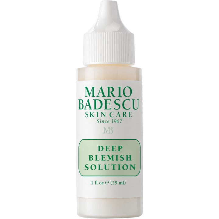 Mario Badescu Deep Blemish Solution 29 ml mot urenheter i hvit plastflaske med grønn tekst og spiss applikatortut