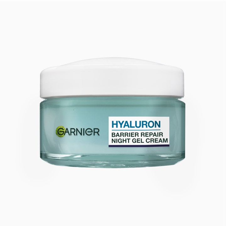 Garnier Hyaluron Barrier Repair Night Gel Cream fuktighetsgivende nattkrem i glasskrukke med hvitt lokk
