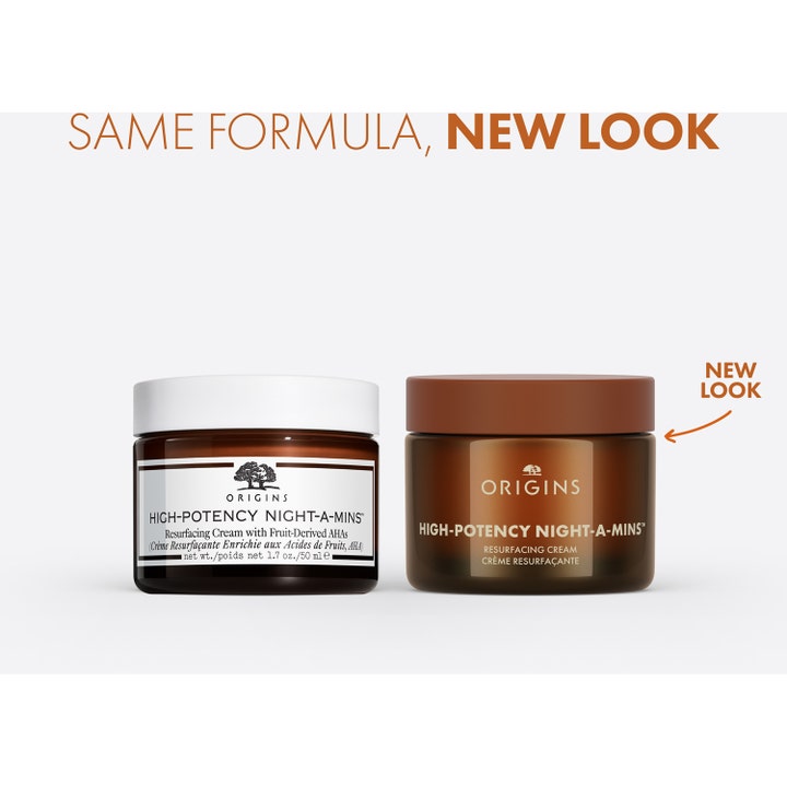 Origins High-Potency Night-A-Mins 50 ml nattkrem i gammel og ny krukke med teksten same formula new look