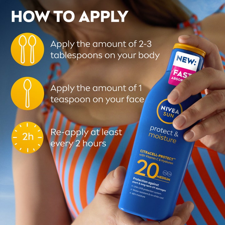 NIVEA Protect & Moisture Sun Lotion 200 ml fuktighetsgivende solkrem med SPF 20 og instruksjoner for påføring