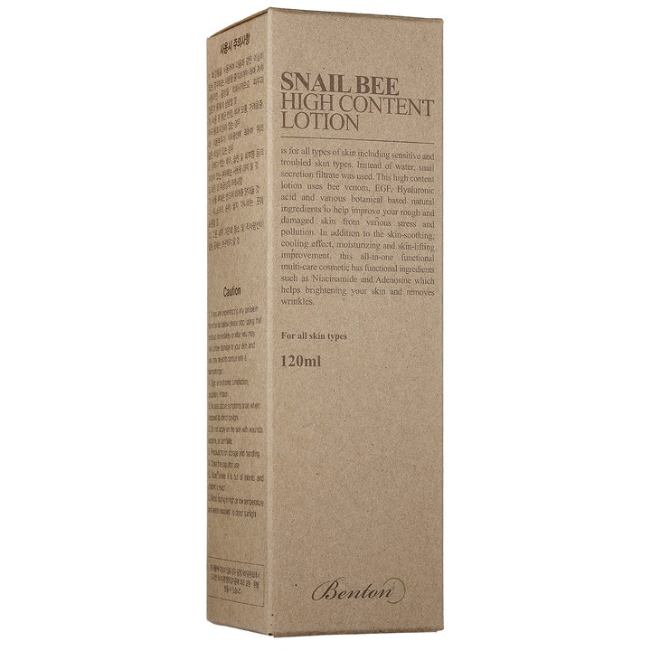 Benton Snail Bee High Content Lotion 120 ml fuktighetsgivende ansiktskrem i brun pappeske med produktinfo