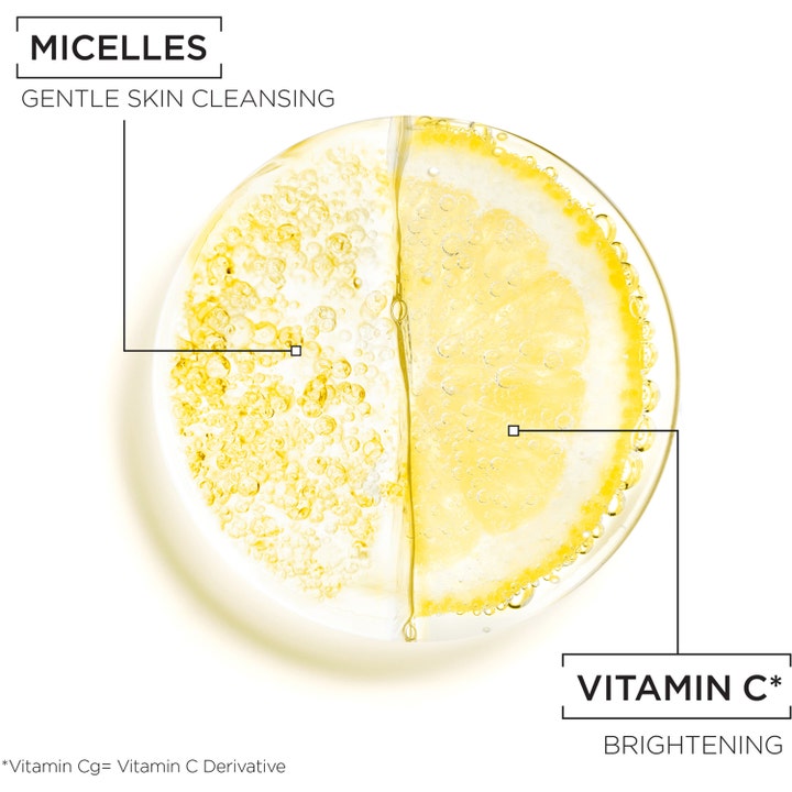 Garnier Skin Active Micellar Water Vitamin C 400 ml med bilde av sitronskive og miceller som gir glød.