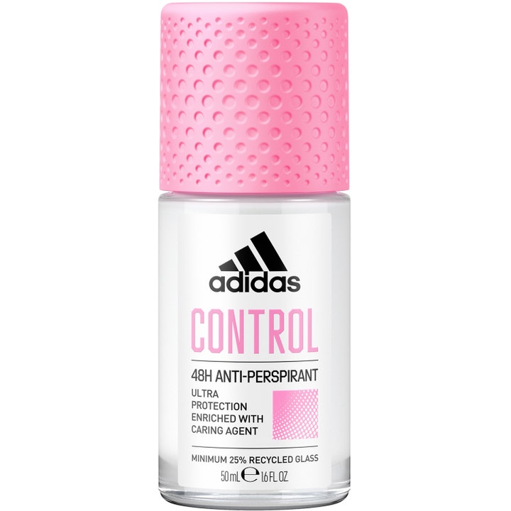 Adidas Control 50 ml anti-perspirant roll-on gir 48 timers beskyttelse i en glassflaske med rosa teksturert lokk.