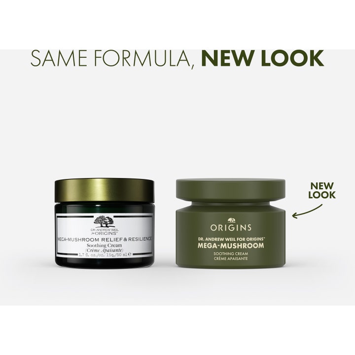 Origins Dr. Weil Mega-Mushroom 50 ml beroligende ansiktskrem viser overgang fra gammel til ny matt grønn krukke