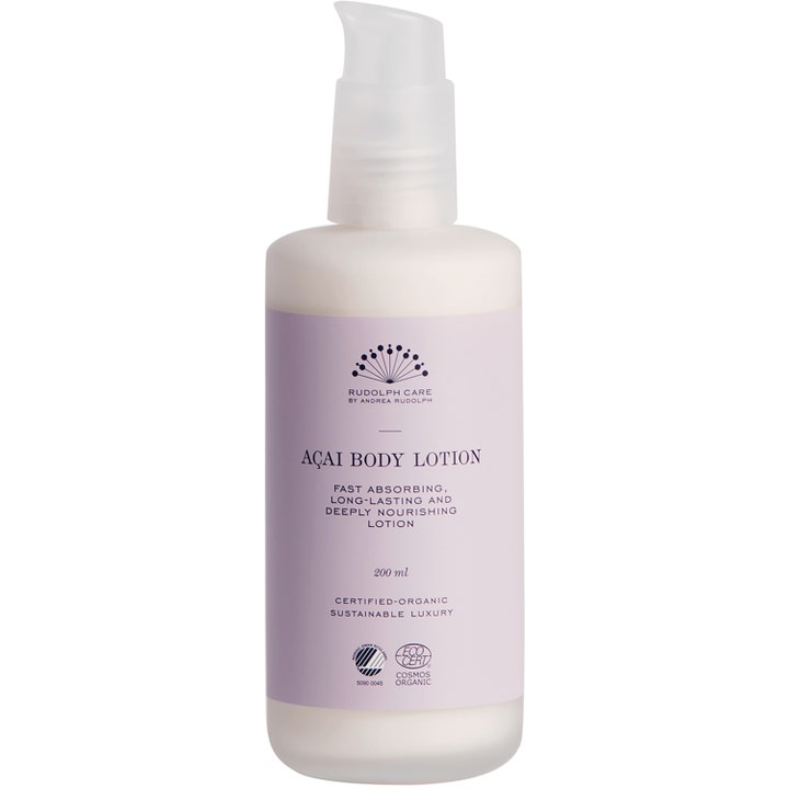 Rudolph Care Açai Body Lotion 200 ml nærende kroppskrem som gir fukt i hvit frostet pumpeflaske med lilla etikett