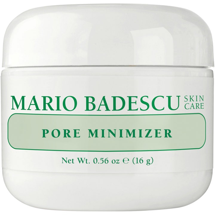 Mario Badescu Pore Minimizer 16 g poreforminskende hudpleie i en hvit plastkrukke med grønn tekst og hvit kork