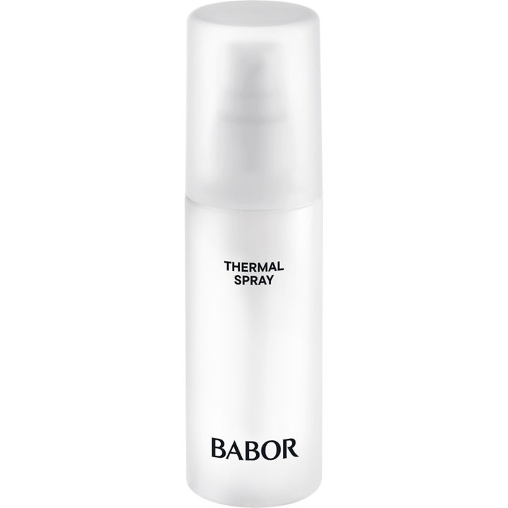 Babor Thermal Spray 100 ml fuktighetsgivende ansiktsspray i hvit flaske med frostet kork og sort tekst