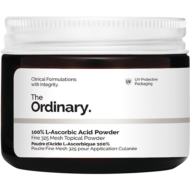 The Ordinary 100% L-Ascorbic Acid Powder 20g vitamin C-pulver i mørk glasskrukke som gir huden din mer glød