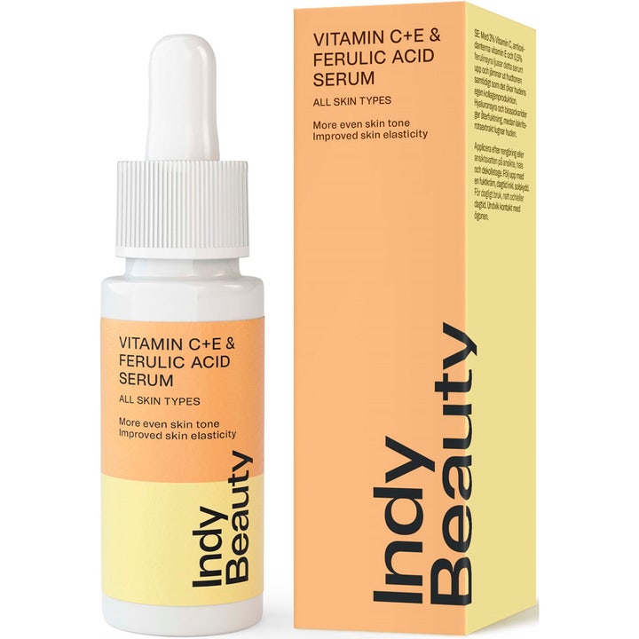 Indy Beauty Vitamin C + E Brightening Serum 30 ml glødgivende ansiktsserum i hvit flaske med pipette