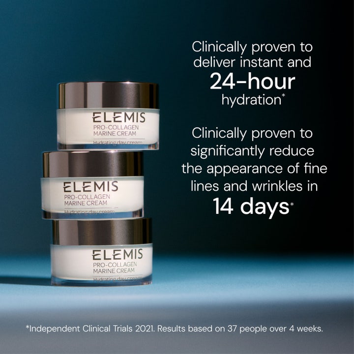 Tre krukker Elemis Pro-Collagen Marine Cream 50 ml anti-aging dagkrem som gir 24-timers fukt.