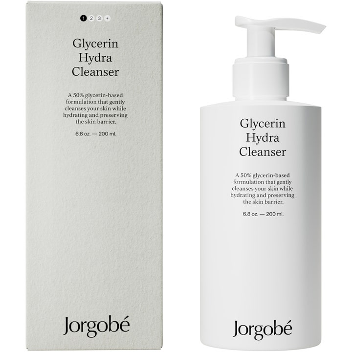 Jorgobé Glycerin Hydra Cleanser 200 ml fuktighetsgivende ansiktsrens i hvit pumpeflaske og eske med 50 % glyserin