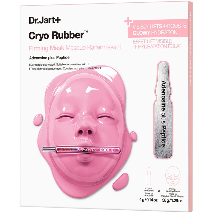 Dr. Jart+ Cryo Rubber Firming Mask 4g og 36g oppstrammende ansiktsmaske i hvit eske med rosa gummimaske og sølvampulle