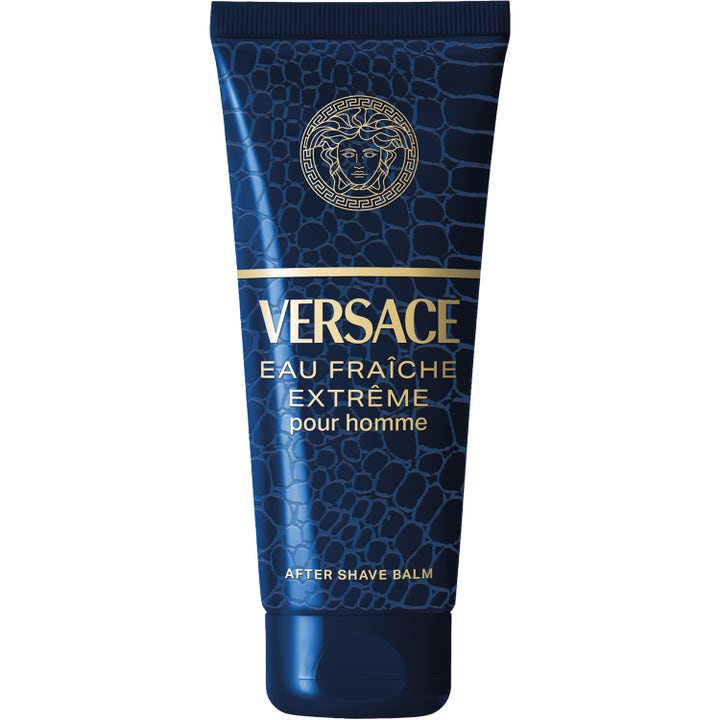 Versace Eau Fraîche Extrême After Shave Balm beroligende pleie i blå tube med preget mønster og gullfarget logo