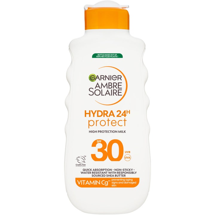 Garnier Ambre Solaire Hydra 24H Protect SPF 30 solbeskyttelse i hvit plastflaske med oransje kork.