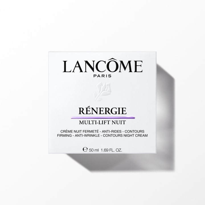 Lancôme Rénergie Nuit Multi-Lift 50 ml oppstrammende nattkrem mot rynker i hvit eske med lilla stripe.